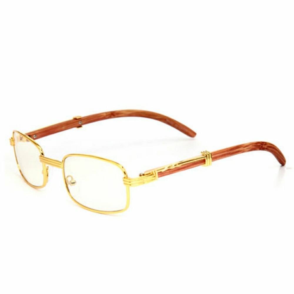 Unisex Faux Wood Gold Frame Clear Glasses